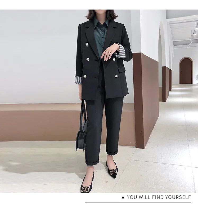 Женский офисный Женский Большой комплект из 2 предметов, однотонный черный элегантный двубортный пиджак с отложным воротником и длинные брюки