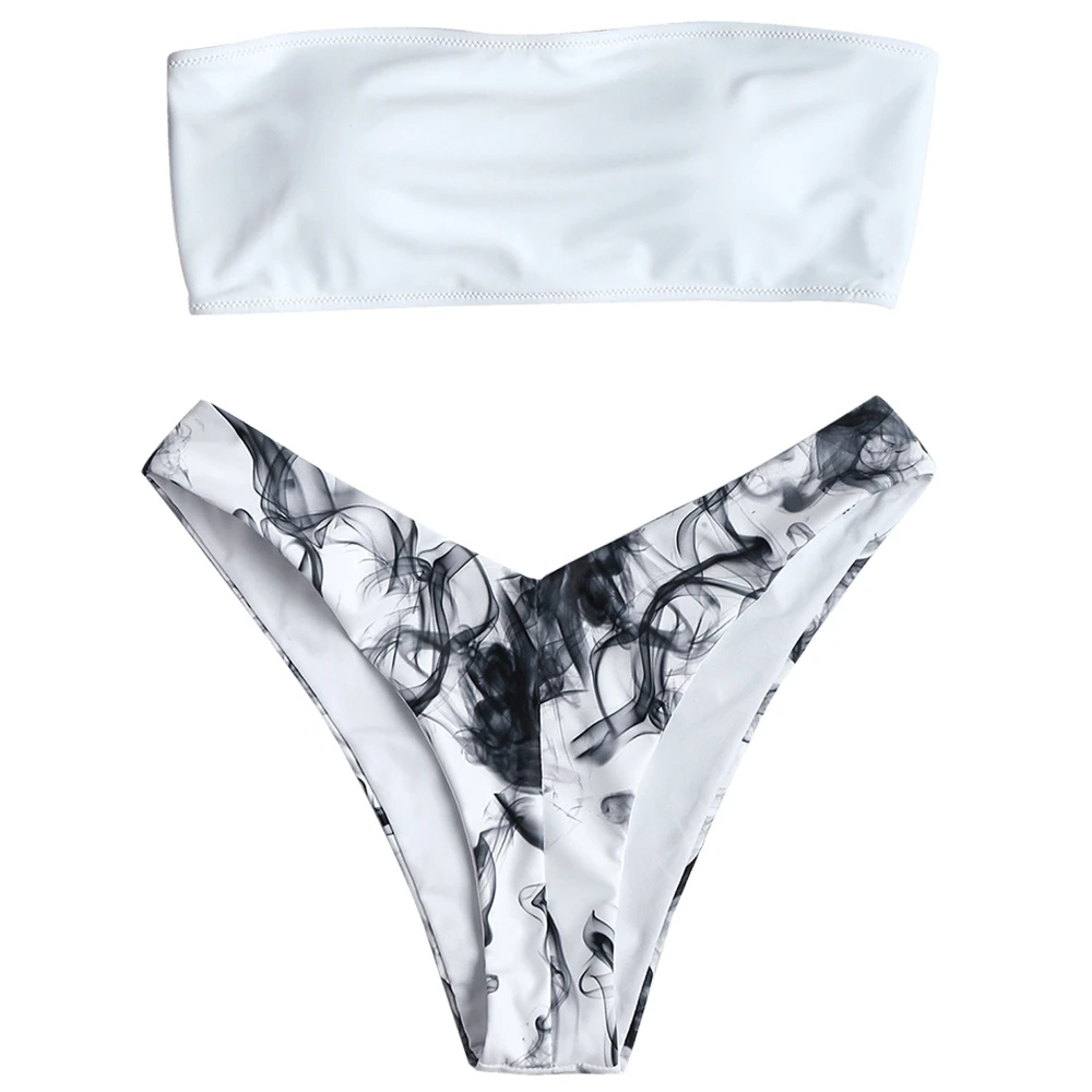 

Abstract Print Bandeau Bikini Set Strapless High Leg Cut Bikini Swimwear Women Thong Push Up Bathing Suit Swimsuit