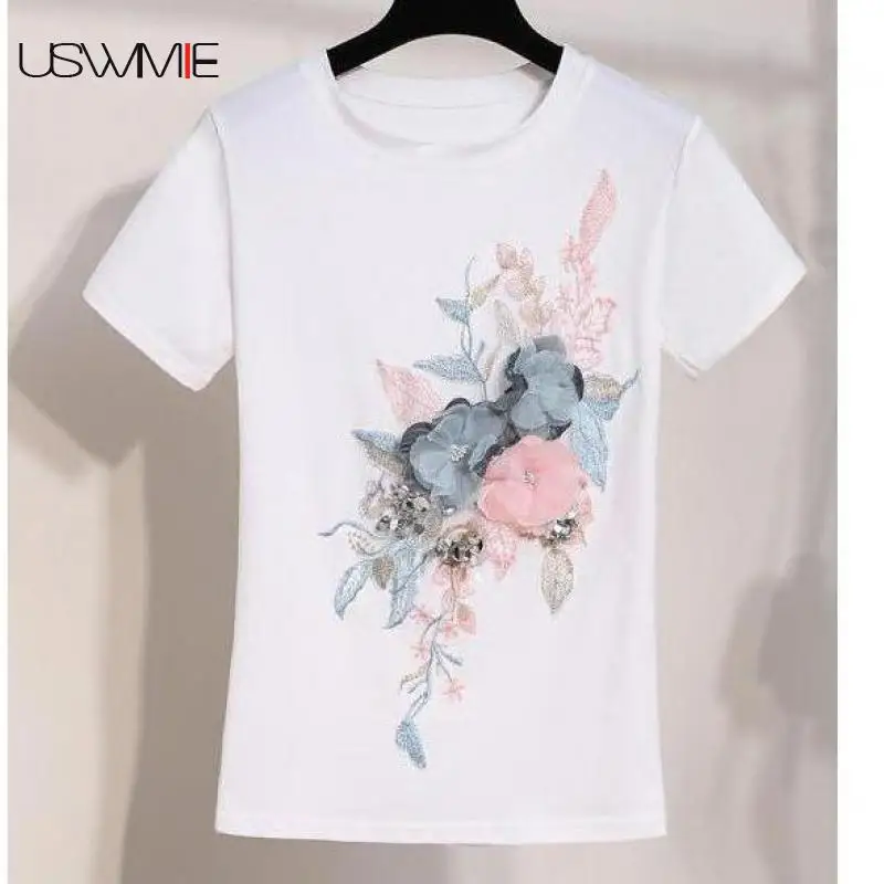 

2019 T-shirt Jeans Set Casual Round Collar Short Sleeve Embroidered Flower Sequin Plus Size Personalized Comfort Two-piece Set