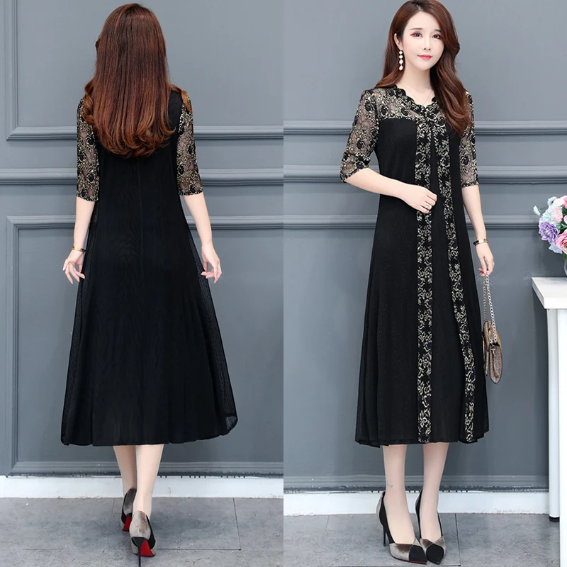 

Women Summer Embroidery Lace Dresses New Half Sleeve Office Ladies Elegant Lace Stitching Black Dress Evening Long