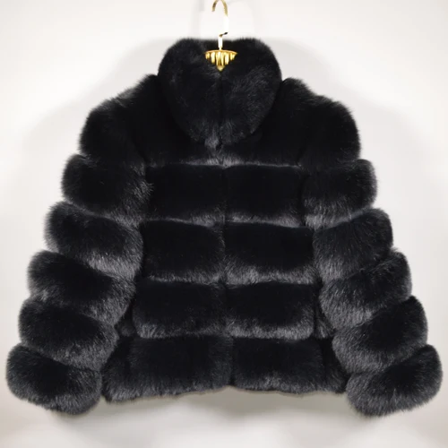 Luxury New Arrival Women Winter Thick Genuine Fox Fur Coat Real Fox Fur Jacket High Quality Stand Collar Real Fox Fur Overcoat - Color: black