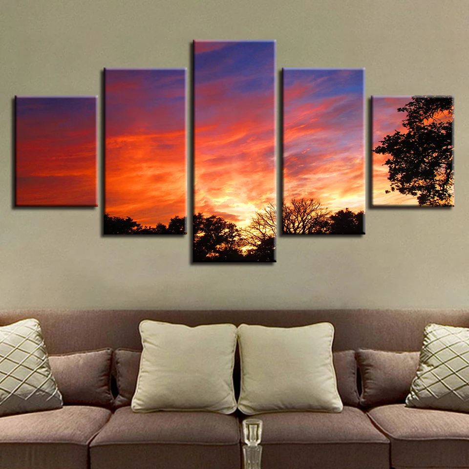 

Modern HD Printing Pictures Frame Art 5 Pieces Tree Sunset Natural Scenery Modular Canvas Paintings Wall Decor Home Living Room