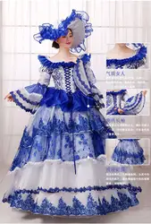 100% реальные Королевский синий цвет кружевное с вышивкой средневековом платье со шляпой Ренессанс платье Royal Виктория платье принцессы