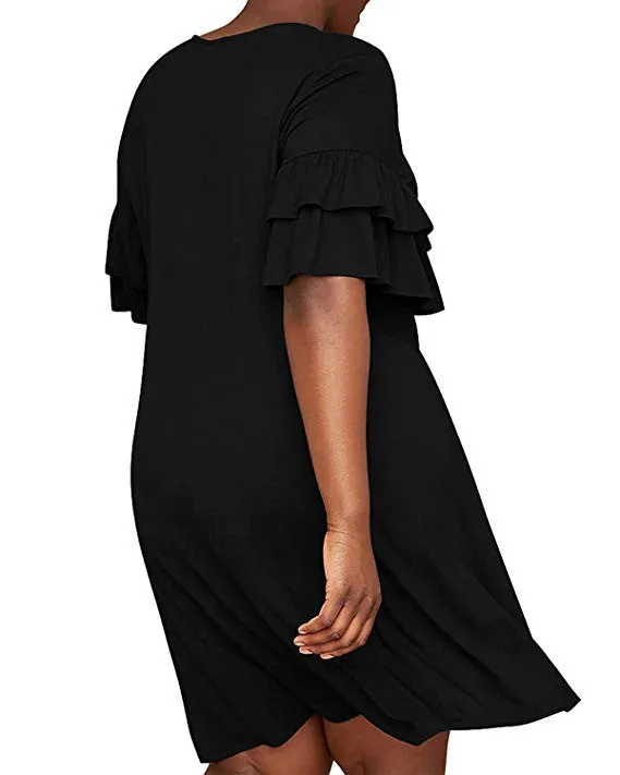 Womail женское платье размера плюс, рукав с оборками размера плюс, однотонное свободное повседневное свободное платье с карманами, осенние платья XL-5XL