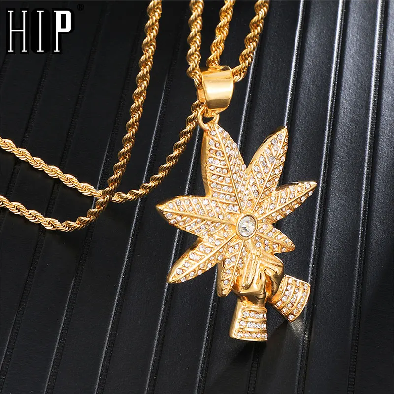 

HIP Hop Bling Iced Out Gold Color Weed leaf Pendants & Necklaces for Men Jewelry Chain Stainless Steel Dropshipping