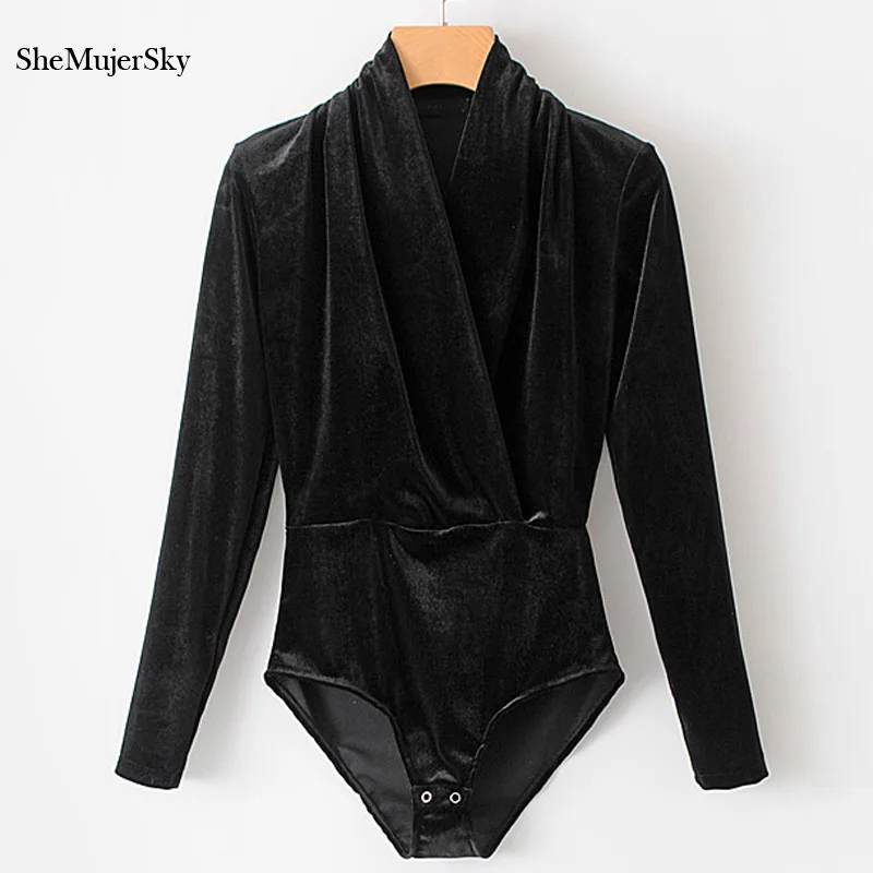 Tanie SheMujerSky jesień welur kobiety body seksowny kombinezon 2017 V na kark i ciało kobieta kombinezon z długim rękawem kombinezon damski