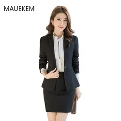 2018 Для женщин пиджак и брюки или юбка с длинным рукавом женственное офисное одежда элегантный темперамент сплошной черный Формальные