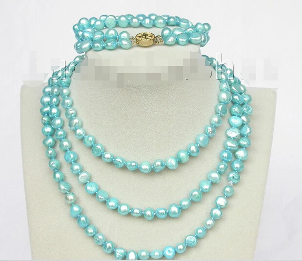 

shippinglength 49" 8" 8-9mm baroque sky-blue pearls necklace 2row bracelet set j8466 (A0423)