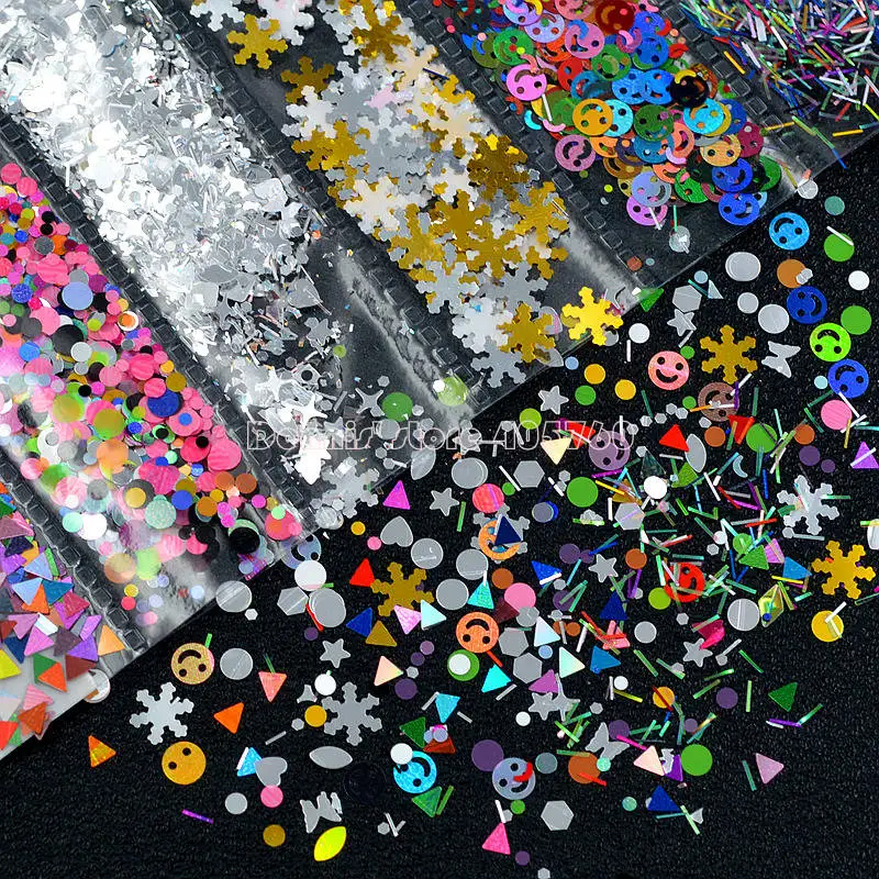 

1 Pack Mix Shapes Multi-colored Glitter Smile Face Snowflake Butterfly Stripe Sequins Nail Art Slice Sticker Decoration G6
