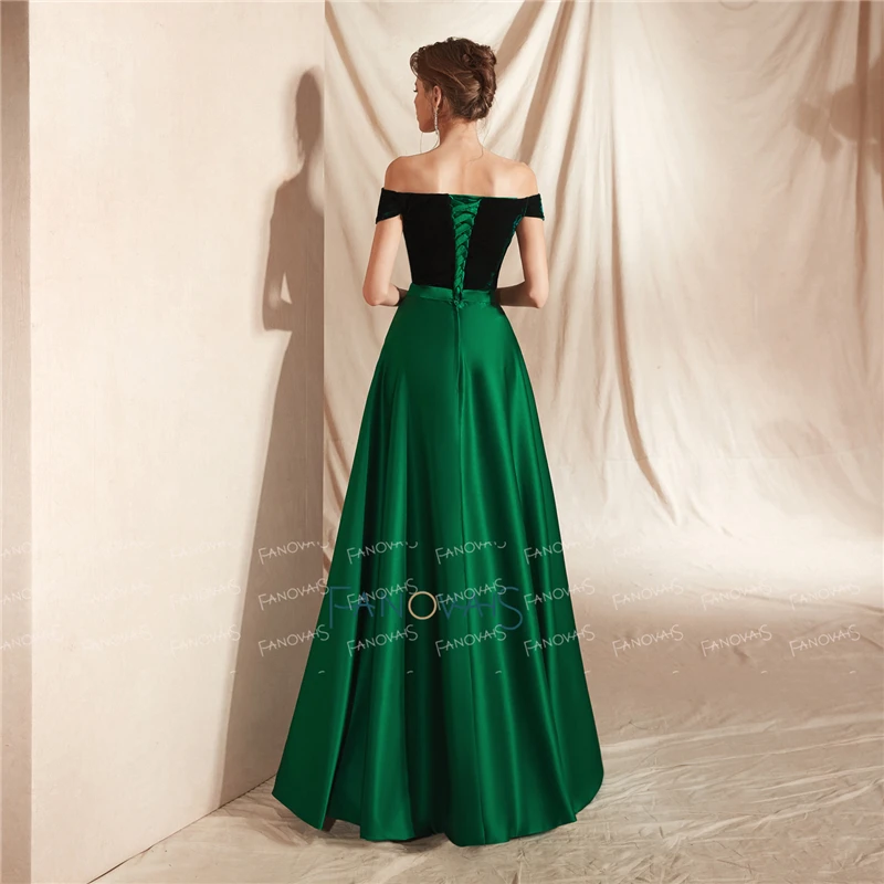 Elegant Dark Green Off-The-Shoulder A-Line Velvet Top Satin Long Evening Prom Dresses image 3