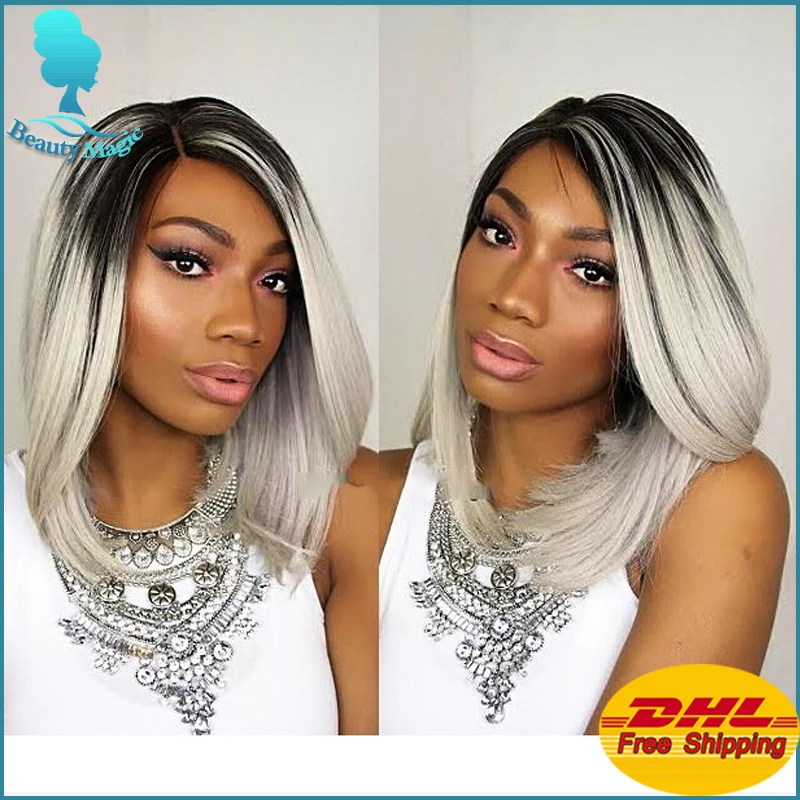 Grey Lace Front Wig Heat Resistant Black Grey Ombre Wig Cheap Short