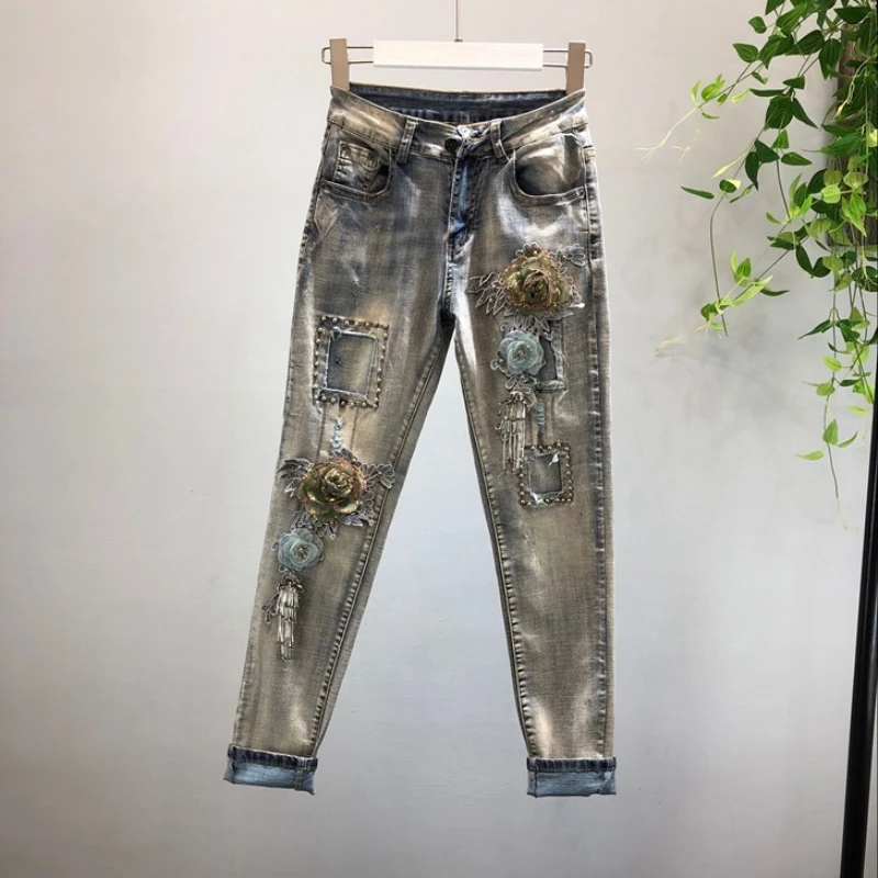 Модные тонкие вышивка 3D Цветочные отверстия стрейч джинсовые узкие брюки для женщин уличная Европейский стиль длинные джинсы штаны для