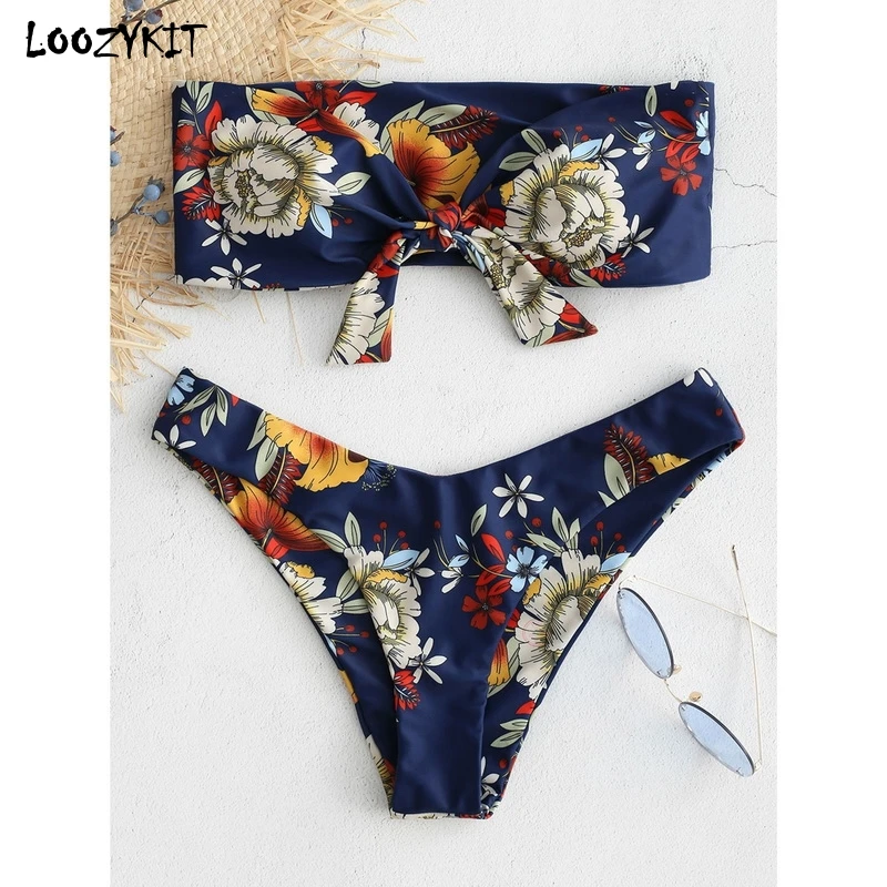 

LOOZYKIT 2019 Summer Women's Bikini Set Padded Strapless Bandeau Floral Print Knot Two Pieces Swimsuit Beachwear Biquini Mujer