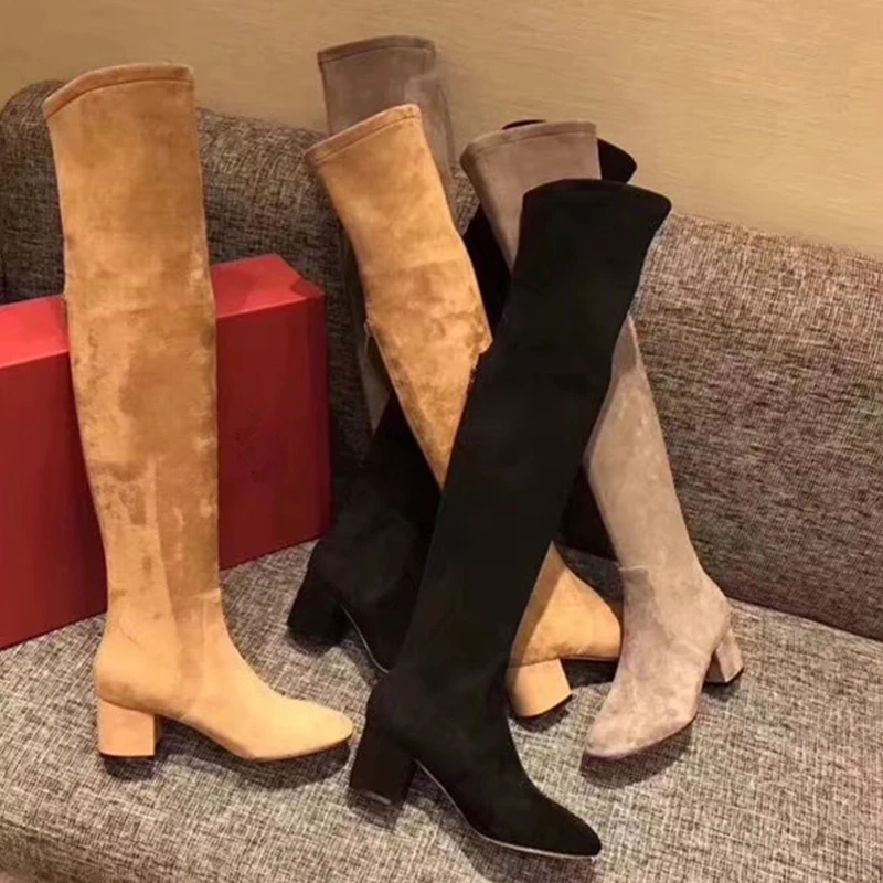 

Sexy Black Stretch Over The Knee Boots Suede Leather Woman Round Toe Black Brown Thick Bottom Flat Long Boots zapatos de mujer