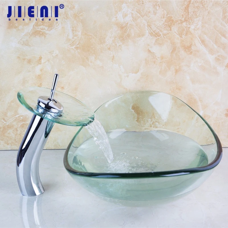 

JIENI Washbasin Unique Tempered Glass Basin Sink Faucet Set Ingot Shape Bright Bend Clear Modern Design W/ Chrome Tap & Drain