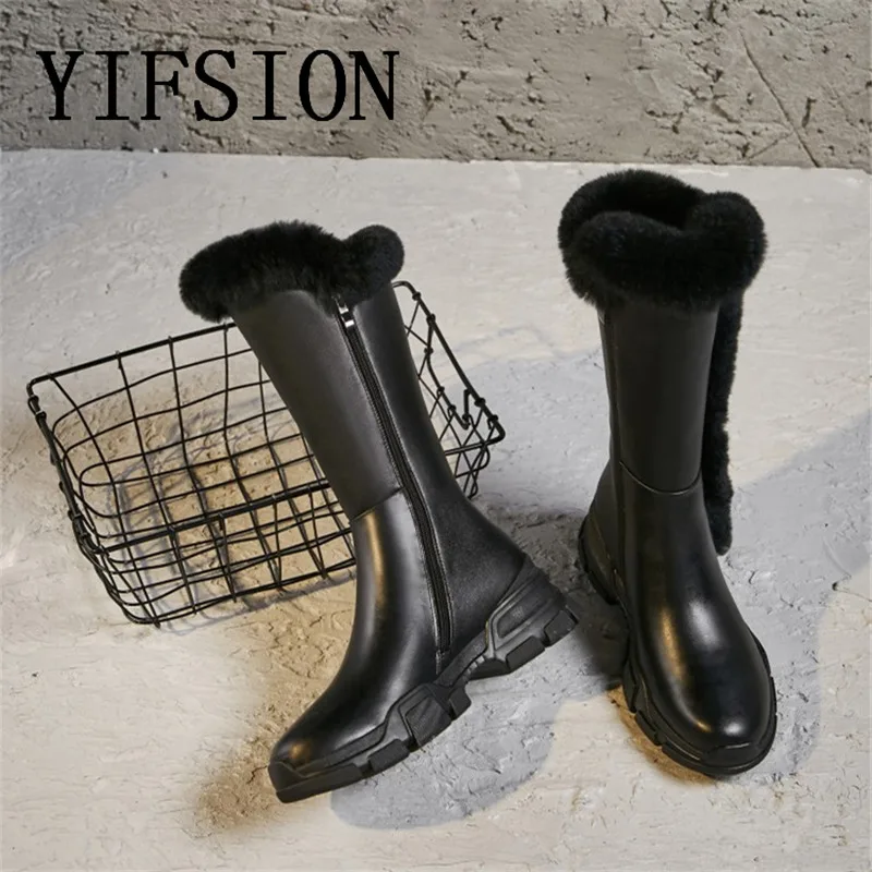 

OLOME New Black Genuine Leather Women Boots Round Toe Side Zip Chunky Low Heel Women Winter Warm Mid Calf Boots Shoes Woman