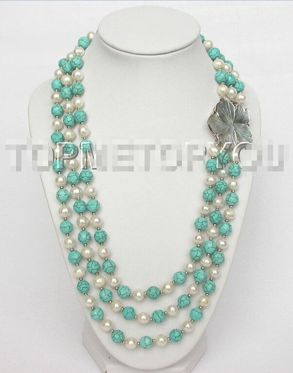 

FREE SHIPPING>>>@@ 3rows white freshwater pearls turquoise necklace seashell clasp E532@^Noble style Natural Fine jewe S