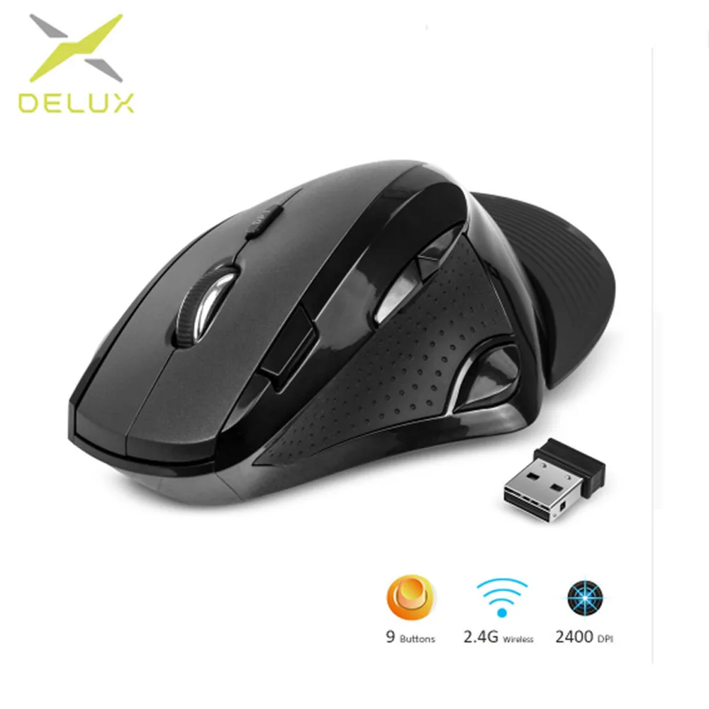 

Delux M910GB 2.4GB 2400 DPI Wireless Mouse 10M Effective Distance Ergonomic Vertical Computer Mouse 9 Buttons Mice for PC Laptop