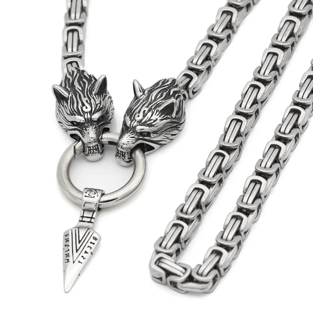 

Nordic viking wolf with odin sword Gungnir necklace Stainless steel for men -king chain with valknut gift bag