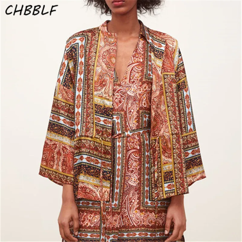 

CHBBLF women vintage print coat drawstring single breasted o neck female retro stylish outwear tops WDL6243