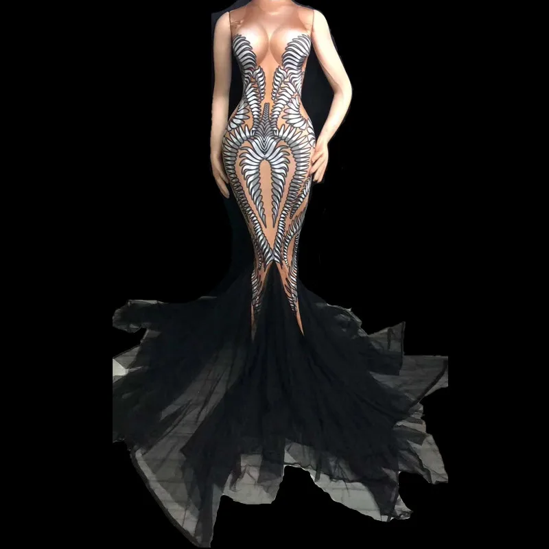 

Nightclub Party Singer Costume Dress Black Mesh Trains Long Dress Birthday Celebrate Outfit Performance Stretch Dance Dress