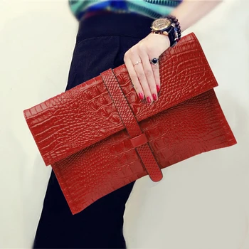 

2018 New Style Envelope Clutch Purse Genuine Leather Top Leather Alligator Texture Large Wallet Women Shoulder Bag Messenger Bag