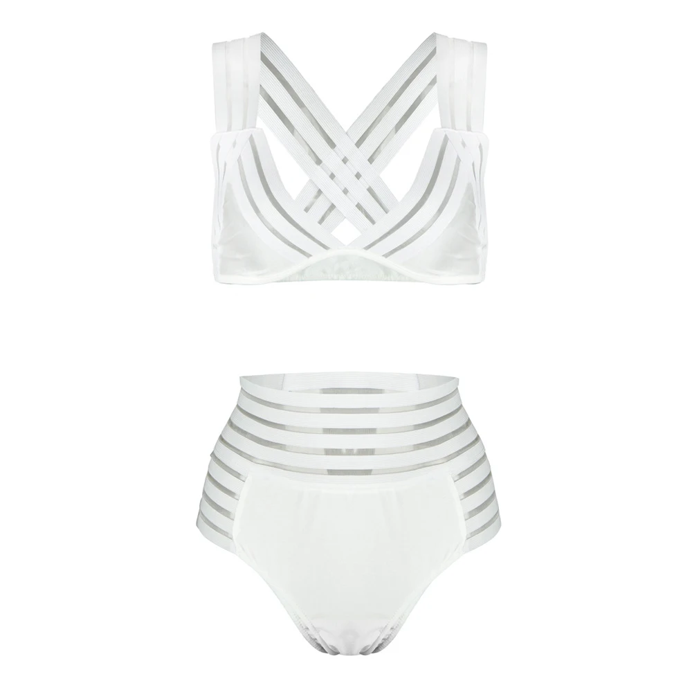 

Sexy High Waist Bikinis Striped hollow Swimsuit Women's Splicing mesh Swimwear Bikini Set Sport Suit