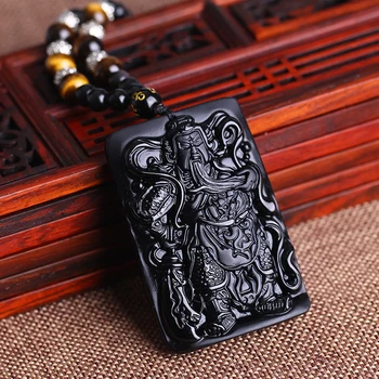 

Real 5A Natural Black Obsidian Carving Guan Yu Pendant Necklace Mammon Lucky Amulet Stone Necklaces Gift For Men Women Jewelry