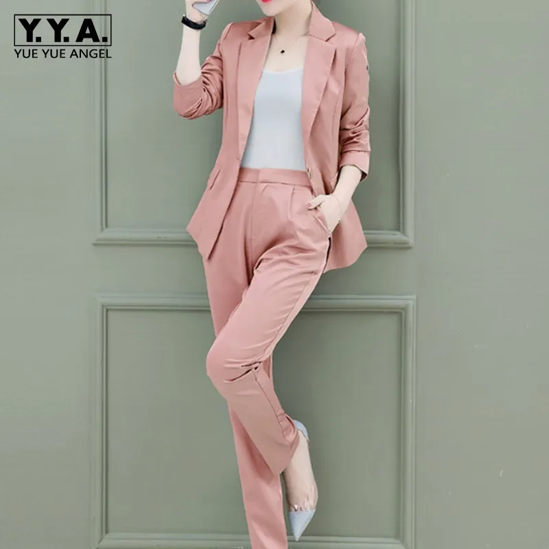 

Business Formal Suits Women 2019 New Fashion Elegant Full Sleeve Pink Jacket Long Pants Two Pieces Suit Female Pantsuit S-2XL