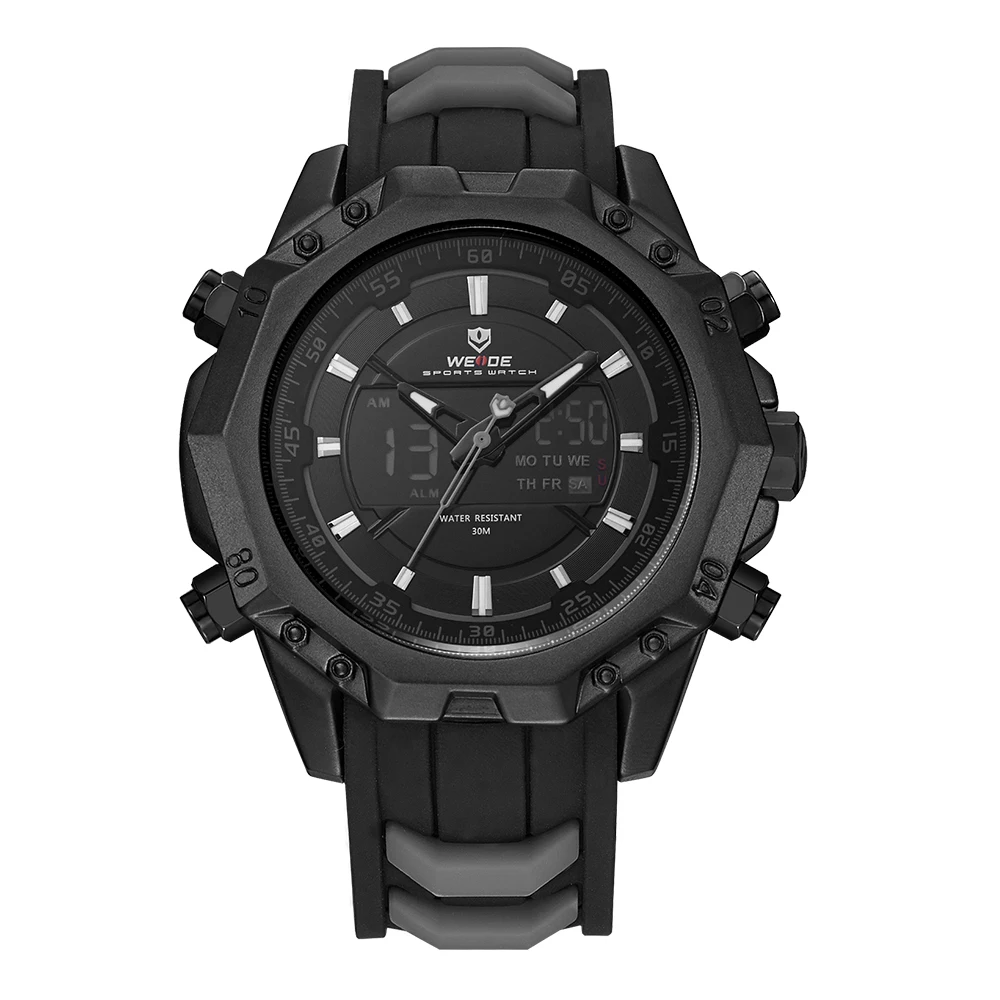 

WEIDE Men Sport Analog Quartz Movement Digital Display Day Back Light Alarm Black Silicone Strap Auto Date Wristwatches Relogio