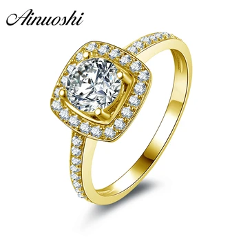 

AINUOSHI Luxury Square Halo Ring 14K Solid White/Yellow Gold Pave Setting Band Round Cut CZ Wedding Engagement Women Ring
