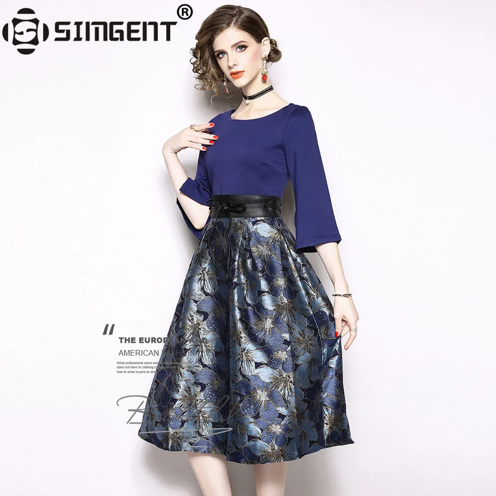 

Simgent High End Autumn Spring Women Flare Sleeve Elegant Vintage Slim Belted A Line Knee Length Jacquard Dress Vestidos SG88142