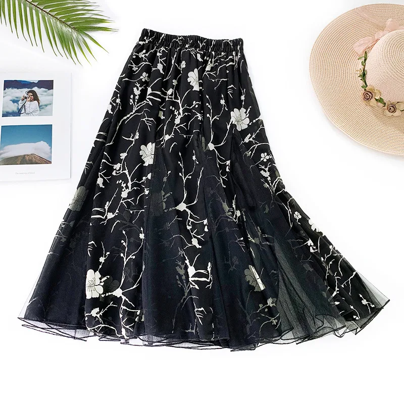 

Chiffon Skirts Women 2019 New Summer Patchwork High Waist Mesh Midi Skirt Slim Stylish Floral Long Trumpet Mermaid Skirt Faldas
