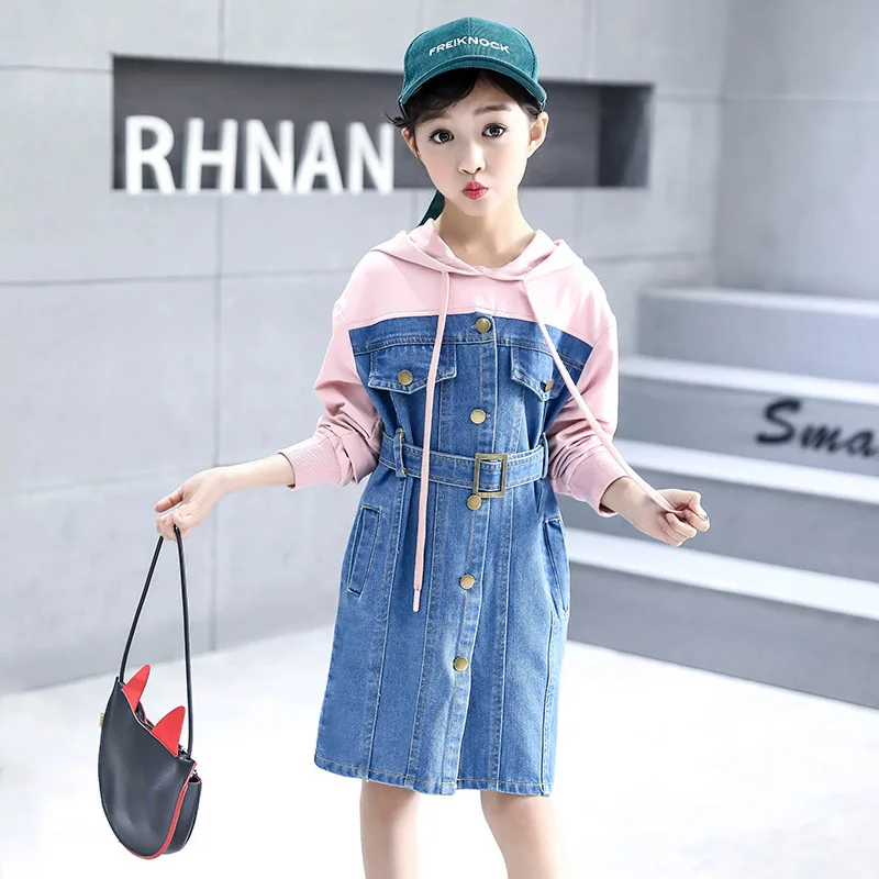 

Girls Dress Baby Girl Clothes Spring autumn knit stitching denim Dresses 2019 new hooded long-sleeved kids clothes 3-12 years