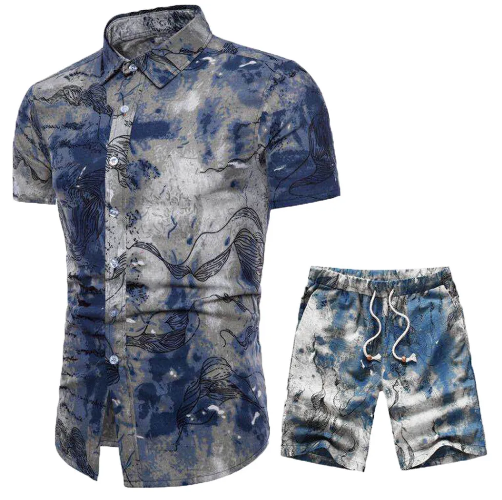 

Casual Men's Set Printed Suit Collar Set Comfortable Summer New Short Sleeve Shorts Set T605