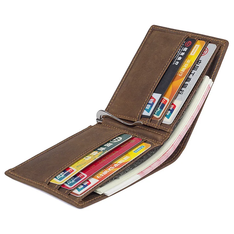 Skup RFID prawdziwej skóry szalony koń Vintage klip do pieniędzy dla mężczyzn Bifold mężczyźni portfele torebka mężczyzna z metalowy klips karty kredytowe Hoders # J8166