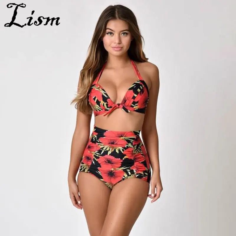 

2019 New Swimsuits Large Sizes High Waist Swimwear Plus Size Swimwear 4XL Print Flower Separate Bathing Suit Women Sexy Tankini