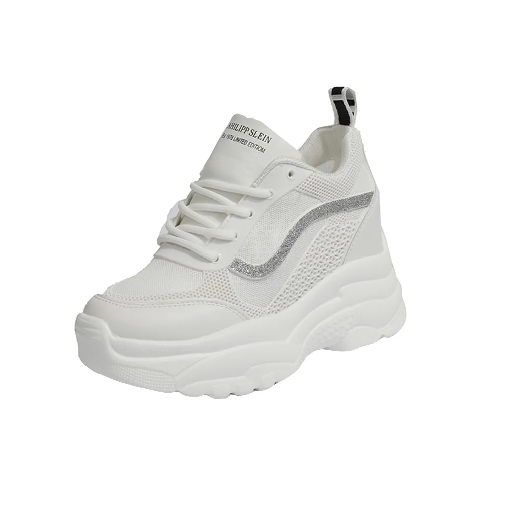 

Shoes Women White Sneakers Fashion Women Lace Up Platform Bling Athletic Shoes Sneaker Mesh Wedges Breathable Cool Solid Shoes