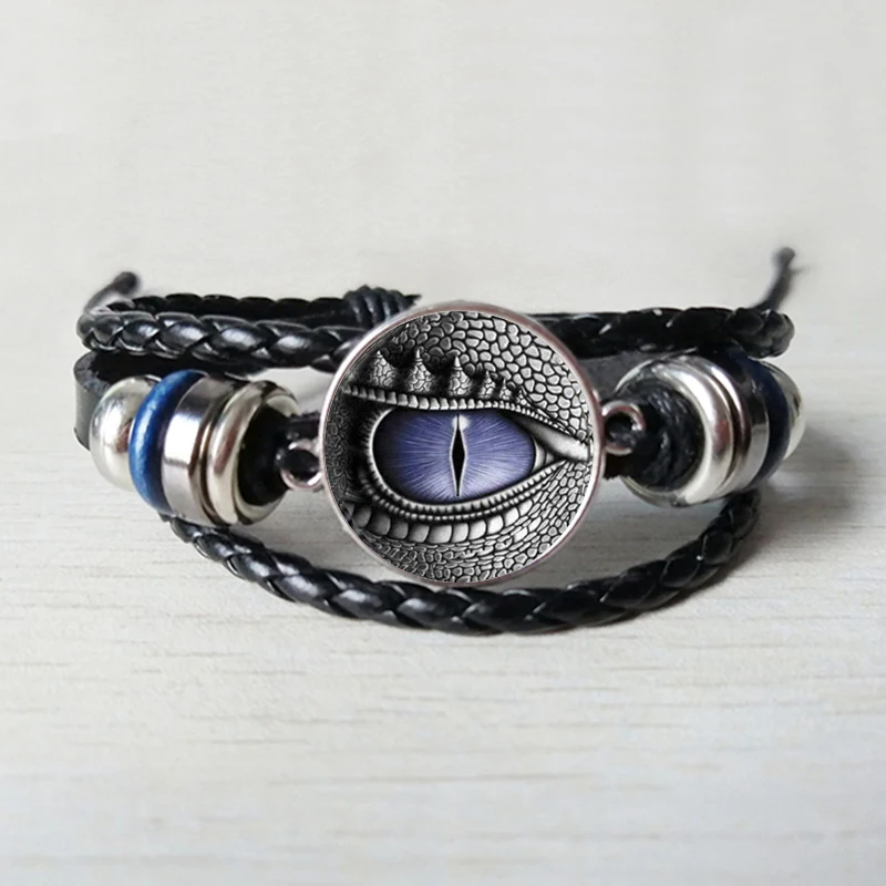 Dragon Eye Photo Tibet Silver Cabochon Glass Leather bracelet men and women jewelry convex round glass black bracelet