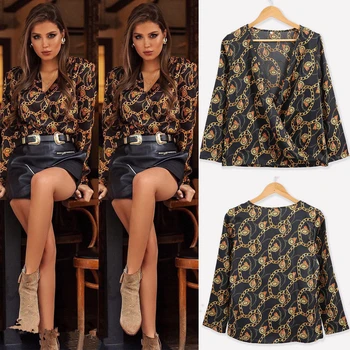 

New Style Women Long Sleeve Print Deep V Neck Top Autumn Party Clubwear Shirts Blouse Clothes High Street Soft Elegant Clothing