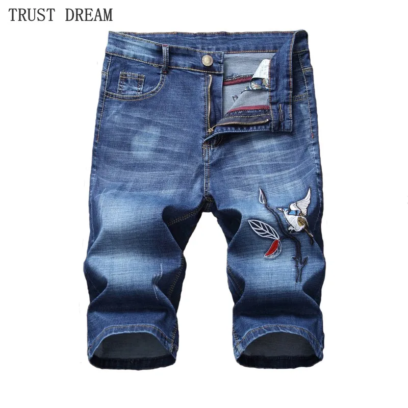 Летняя мода для мужчин специальный эброидный птица деним тонкие шорты Качественный хлопок вареные прямые мужские уличные Клубные Повседневные джинсы короткие