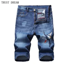 Летняя мода для мужчин специальный эброидный птица деним тонкие шорты Качественный хлопок вареные прямые мужские уличные Клубные Повседневные джинсы короткие