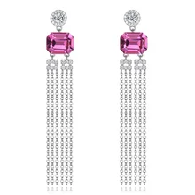 925 Sterling Silver Women Earrings Square Pink Crystal S925 Long Tassel Drop Earrings for Lady Gift Party Fine Jewelry Ear Wears 925 Sterling Silver Women Earrings Square Pink Crystal S925 Long Tassel Drop Earrings for Lady Gift Party Fine Jewelry Ear Wears