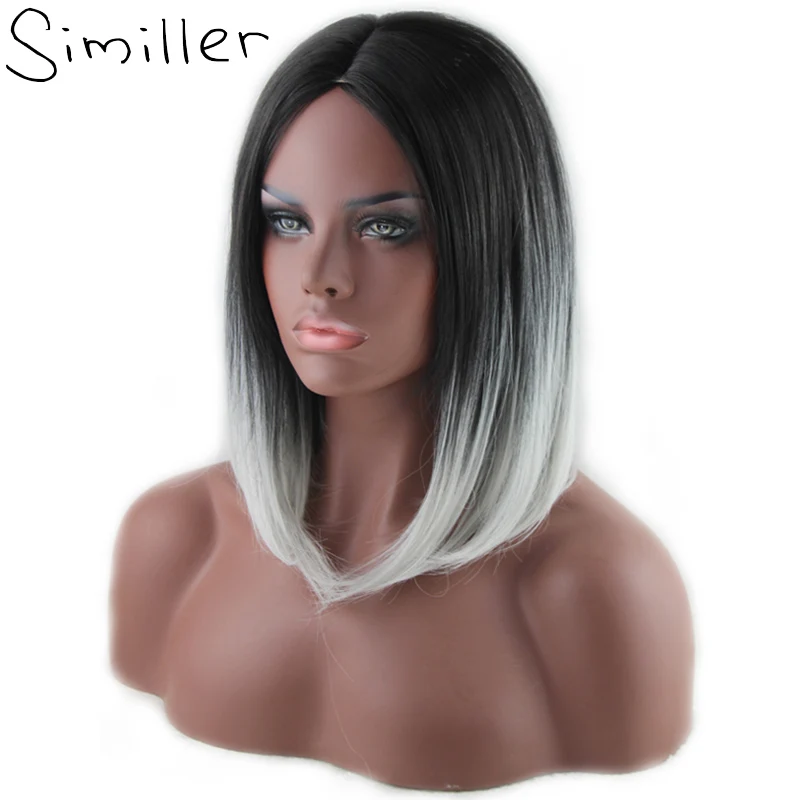 

Similler Afro Ombre Short Straight Fake Hair Synthetic Wigs For Women Black Root Grey Two Tones