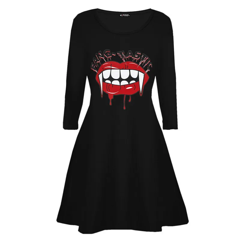 Halloween Dress Women Horror Blood Print Party Dress Long Sleeves Dress