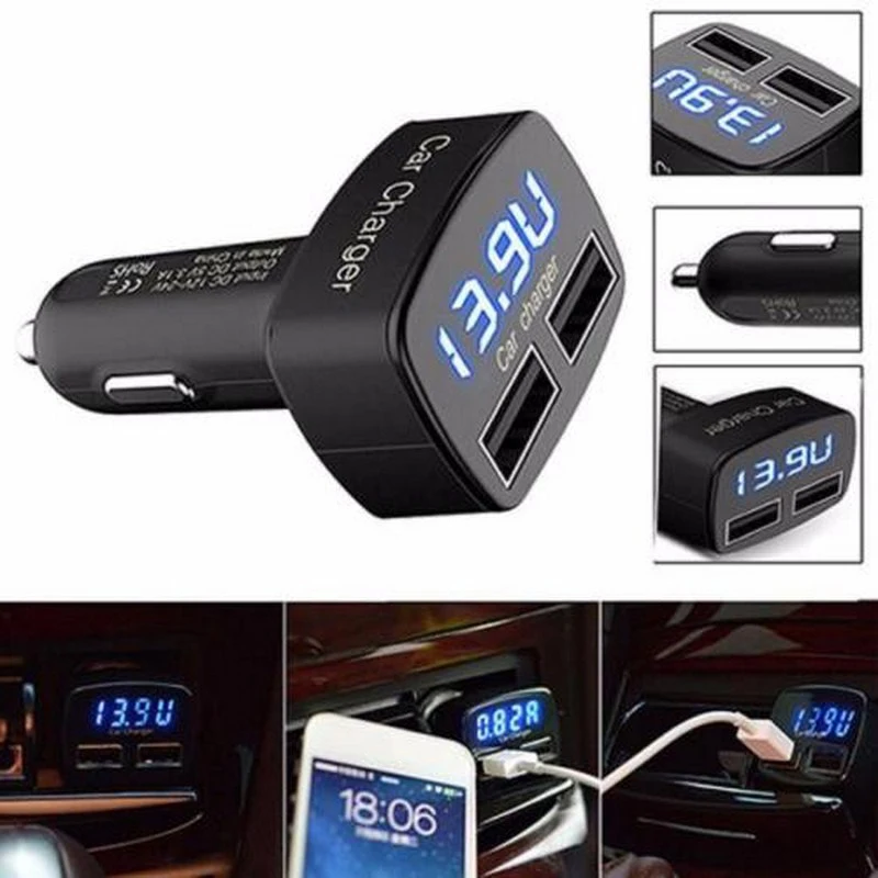 

4 in 1 Dual USB Car Charger Adapter Cigarette Lighter For Mobile Phones GPS MP3 Voltage & Current Display Auto Fast Charger Plug