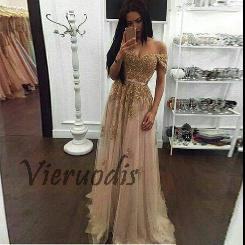 211Champagne Lace Beaded Arabic Evening Dresses Sweetheart A-line Tulle Prom Dresses Vintage Cheap Formal Party Gowns