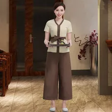 Новая мода здоровья клубов униформа для сотрудниц спа-салонов Для женщин весна/летние льняные и хлопковые работы Костюмы Красота больница топ+ комплект со штанами