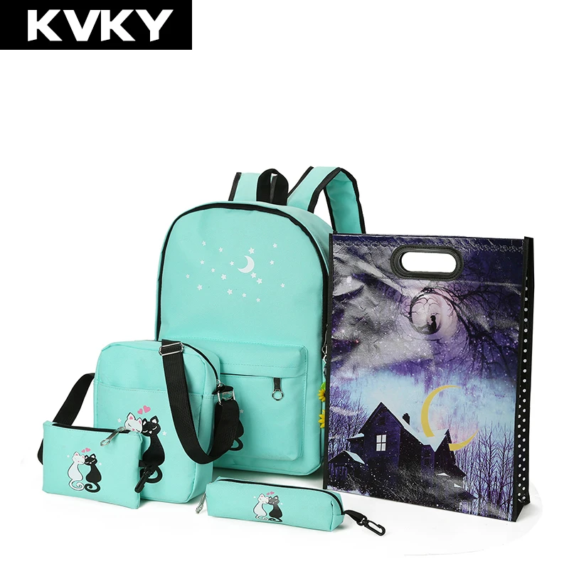 KVKY бренд 5 шт./компл. женские рюкзаки милые школьные сумки с кошкой для девочек