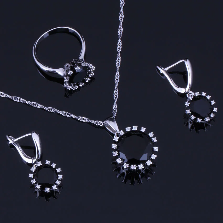 

Fantastic Round Black Cubic Zirconia White CZ 925 Sterling Silver Jewelry Sets For Women Earrings Pendant Chain Ring V0280